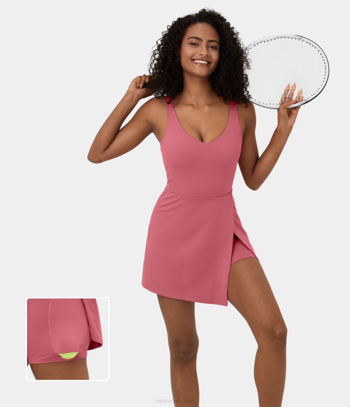 ropa activa begonia roja BBV2NZ952 mujer Halara minivestido activo de tenis 2 en 1 con dobladillo dividido y espalda descubierta de felpa de softlyzero
