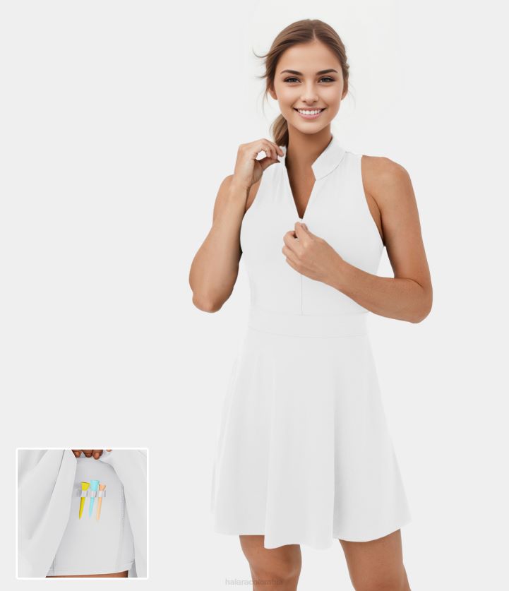 ropa activa blanco BBV2NZ921 mujer Halara Media cremallera, espalda cruzada, bolsillo lateral, vestido activo de golf 2 en 1, bolsillo para camiseta de golf.