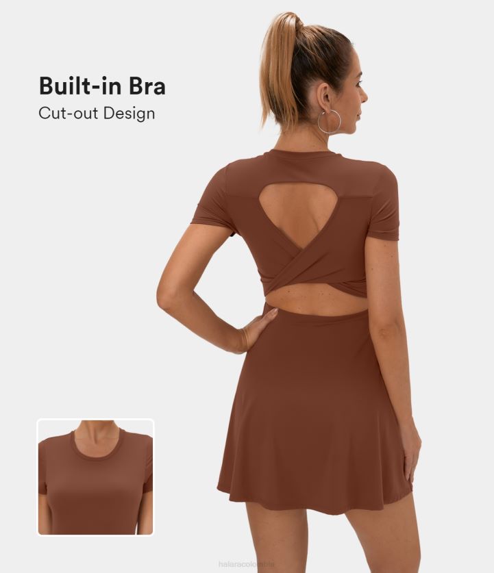 ropa activa brandy marrón BBV2NZ777 mujer Halara mini vestido activo de baile con corte retorcido y espalda descubierta
