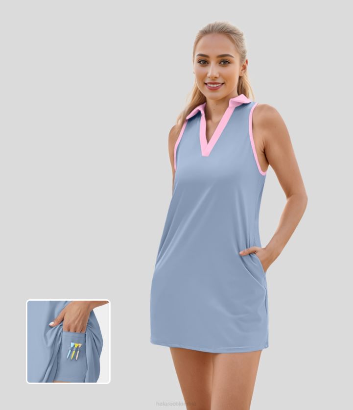 ropa activa cambray azul BBV2NZ810 mujer Halara softlyzero cuello aireado bolsillo bloque de color vestido activo de mini golf de tacto fresco de 2 piezas-bolsillo para camiseta de golf