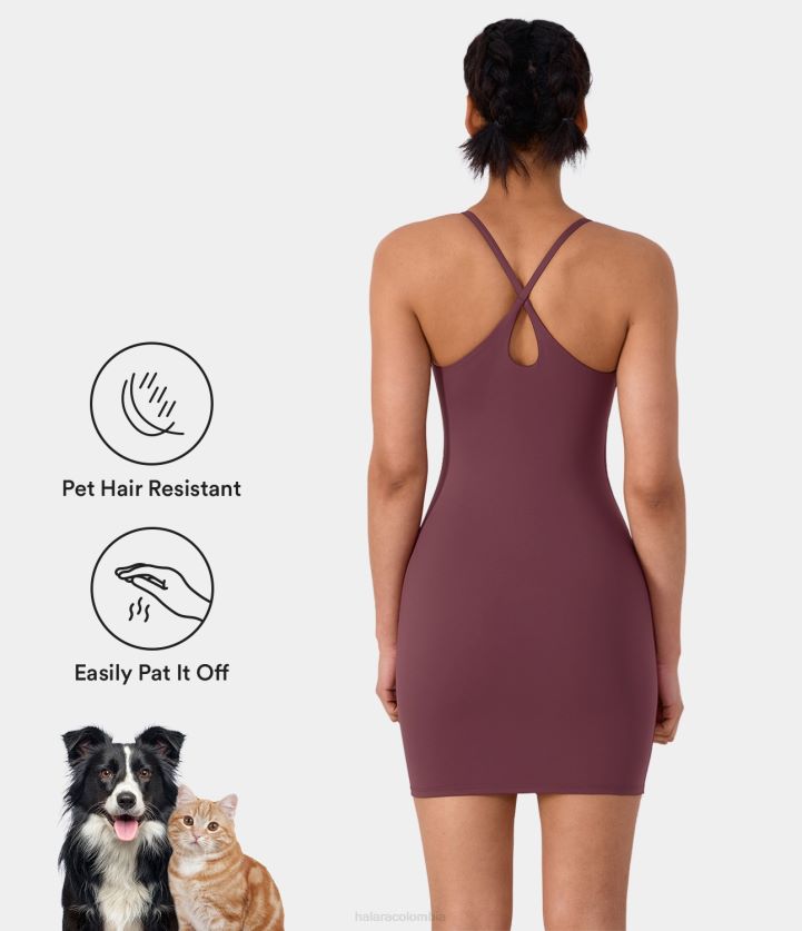 ropa activa caoba roja BBV2NZ794 mujer Halara Patitoff vestido informal ajustado, cruzado, sin espalda, resistente al pelo de mascotas