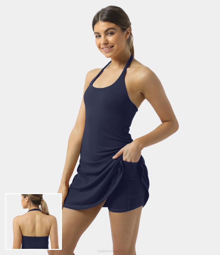 ropa activa chaquetón BBV2NZ939 mujer Halara Softlyzero minivestido activo de yoga con bolsillo, espalda descubierta y cuello halter de felpa 2 en 1