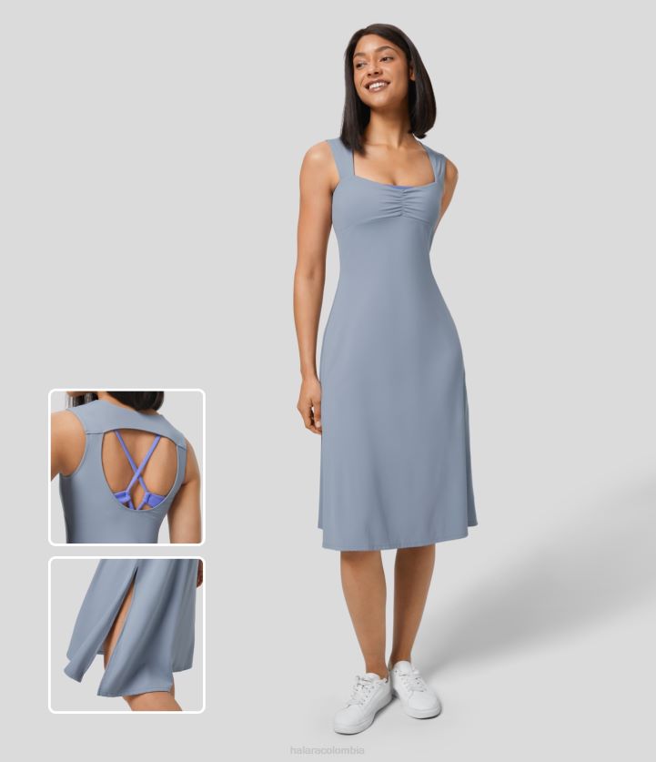 ropa activa copo de nieve azul BBV2NZ838 mujer Halara Vestido casual midi con dobladillo dividido fruncido y aberturas sin espalda