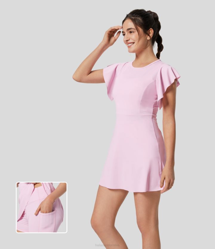 ropa activa cuna rosa BBV2NZ845 mujer Halara mini vestido activo de yoga de manga corta con volantes y bolsillo lateral de 2 piezas