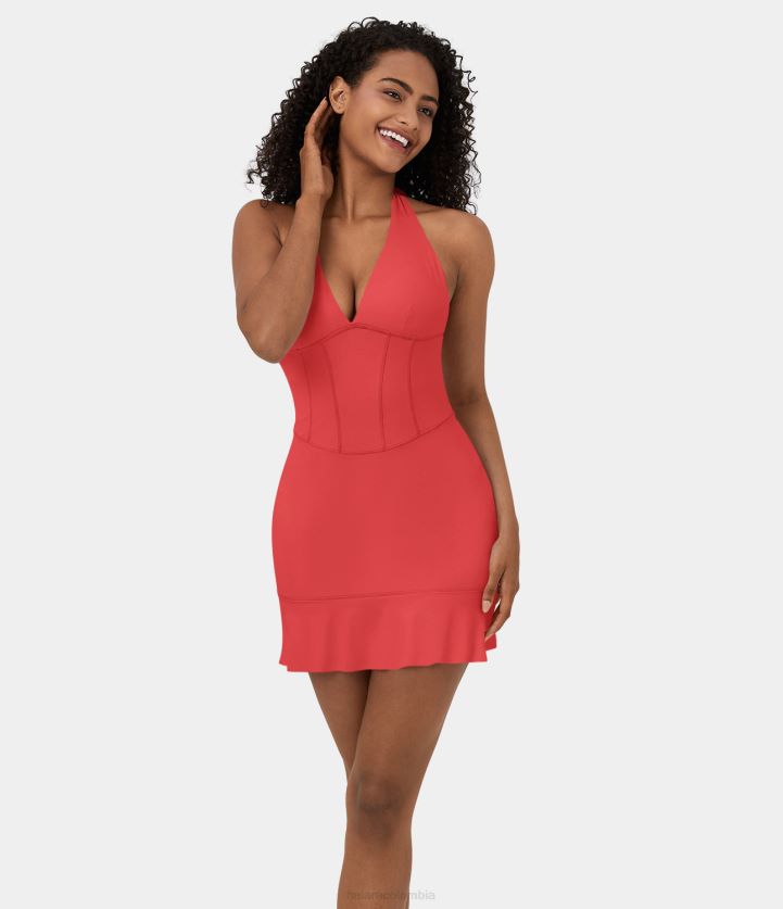 ropa activa flor de pascua BBV2NZ852 mujer Halara Minivestido casual de tacto fresco, estilo airoso, con cuello halter, espalda descubierta, corsé con lazo en la espalda, dobladillo con volantes, Soft