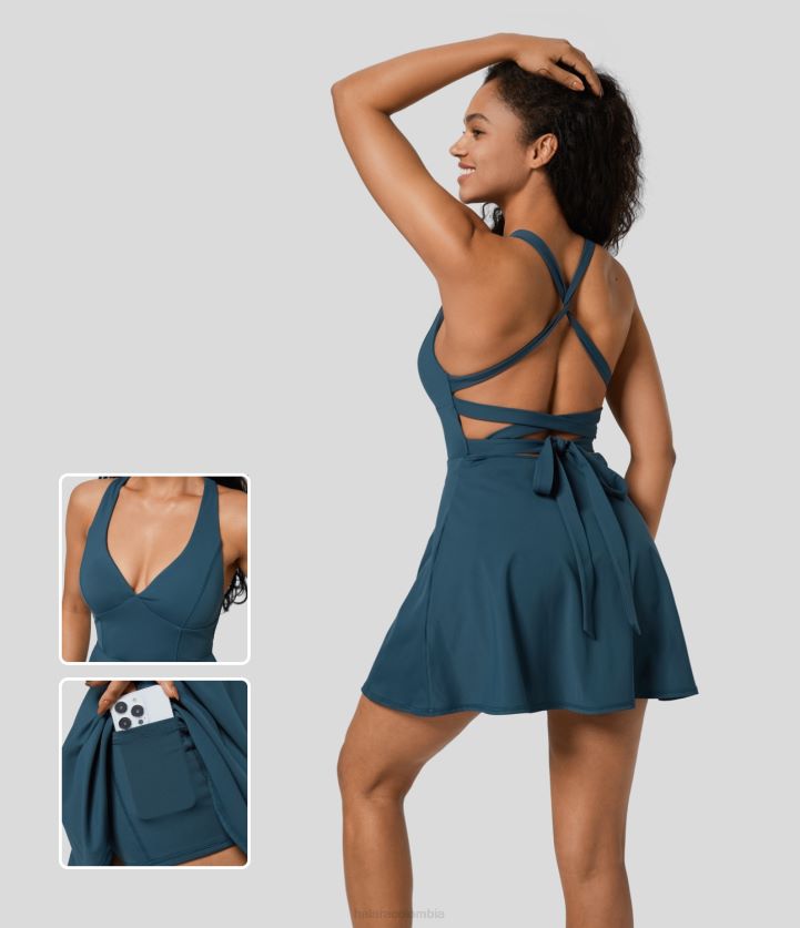 ropa activa mayólica azul BBV2NZ820 mujer Halara mini vestido activo de baile con bolsillo 2 en 1, espalda cruzada y espalda descubierta
