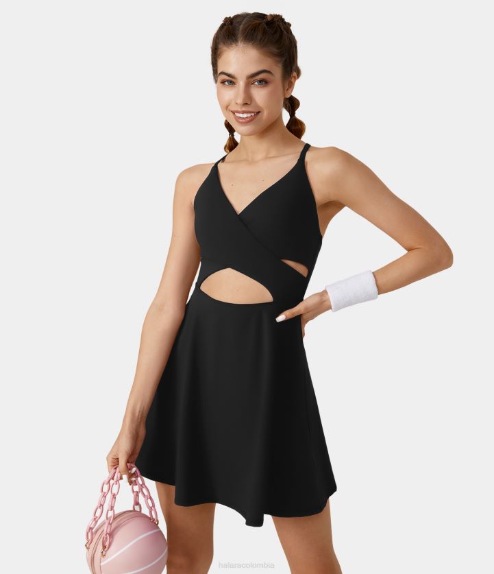 ropa activa negro BBV2NZ870 mujer Halara vestido activo de baile de 2 piezas con bolsillo y espalda descubierta cruzado de felpa de softlyzero