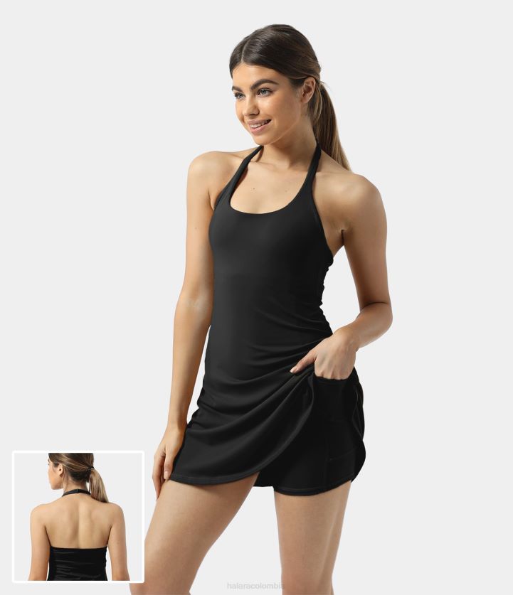 ropa activa negro BBV2NZ883 mujer Halara Softlyzero minivestido activo de yoga con bolsillo, espalda descubierta y cuello halter de felpa 2 en 1