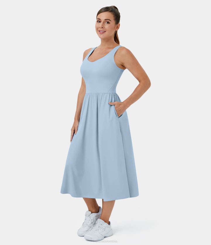 ropa activa ángel cae BBV2NZ823 mujer Halara Vestido informal midi de tacto fresco, aireado, con cuello en V, espalda descubierta, bolsillo lateral, de Softlyzero