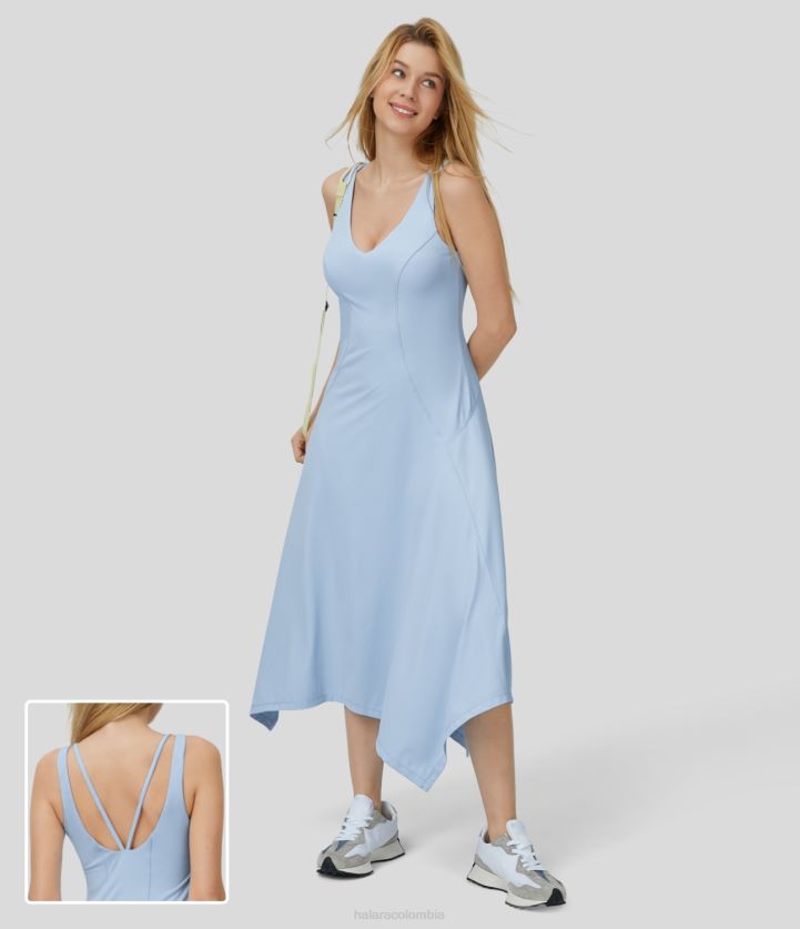 ropa activa ángel cae BBV2NZ903 mujer Halara Vestido casual midi fluido con cuello en V profundo, sin mangas, sin espalda y dobladillo asimétrico