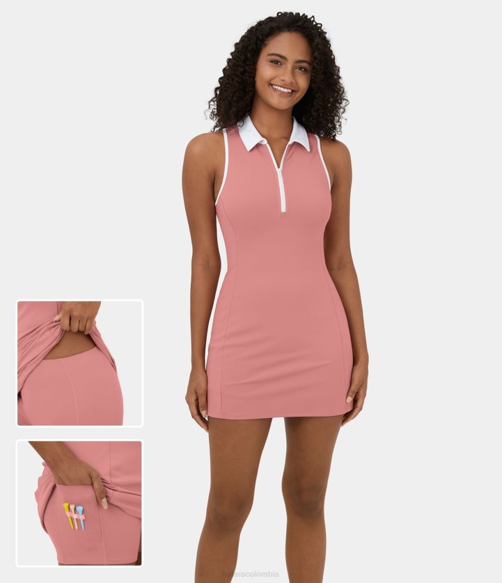 ropa activa rosa caramelo BBV2NZ807 mujer Halara Bloque de color cuello cremallera sin mangas bolsillo de 2 piezas mini golf vestido activo-bolsillo para camiseta de golf