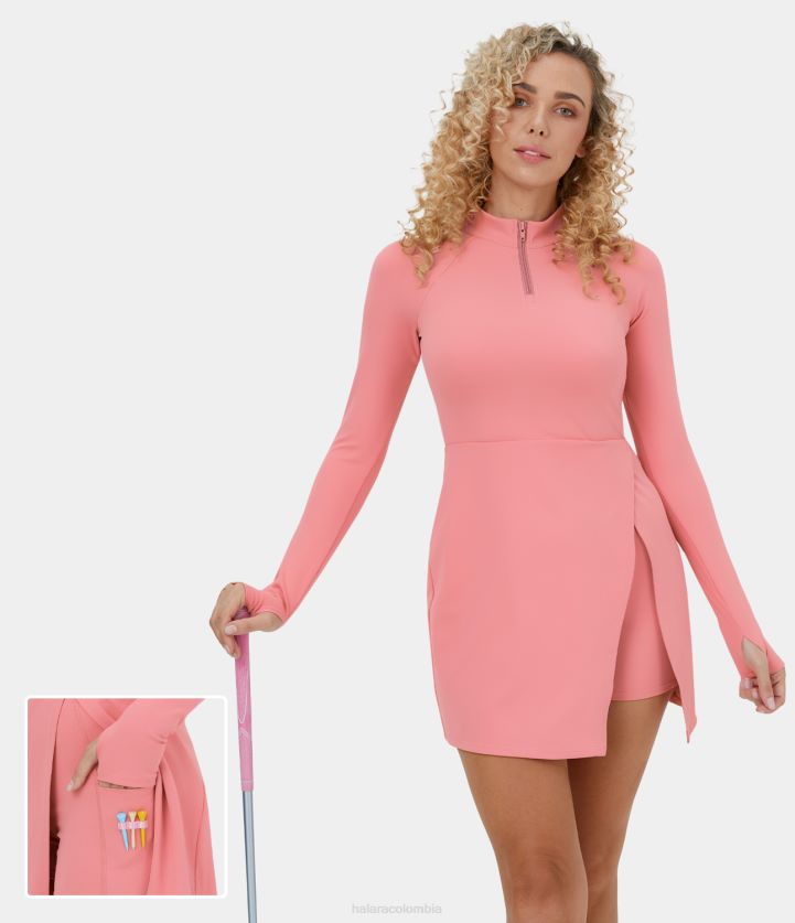 ropa activa rosa caramelo BBV2NZ835 mujer Halara Media cremallera, agujero para el pulgar, bolsillo dividido, vestido activo de golf de 2 piezas, bolsillo para camiseta de golf.