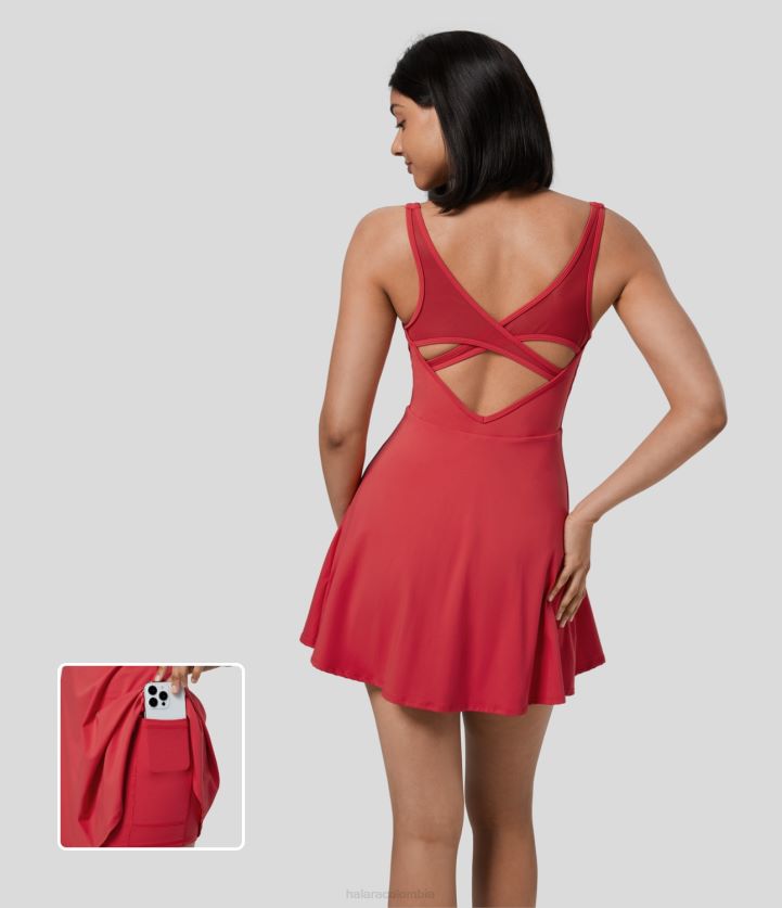 ropa activa salsa BBV2NZ879 mujer Halara mini vestido activo de baile con bolsillo 2 en 1 de malla en contraste sin espalda