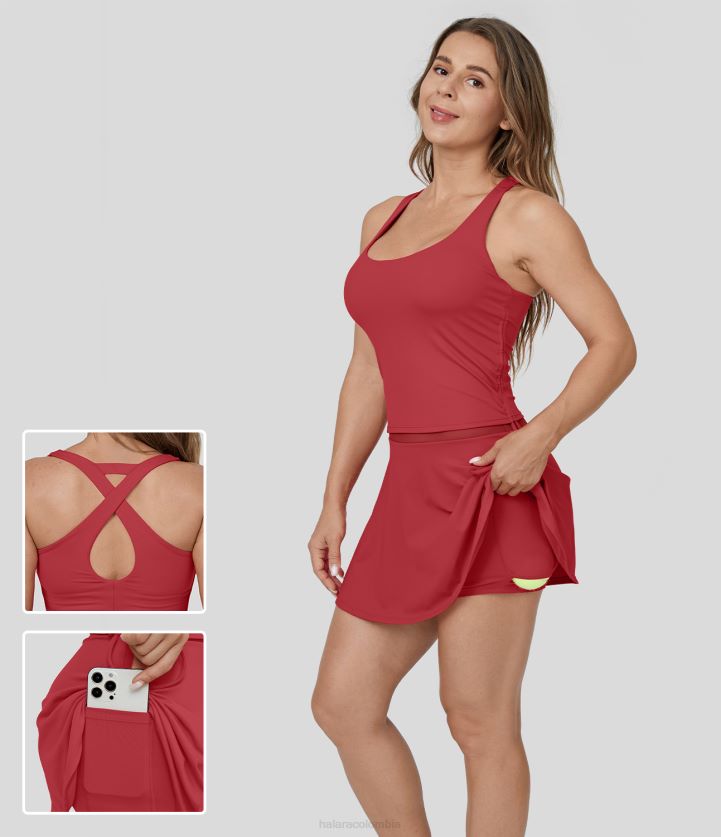 ropa activa salsa BBV2NZ959 mujer Halara mini vestido activo de tenis con bolsillo lateral 2 en 1 de malla en contraste con cordón entrecruzado y espalda descubierta