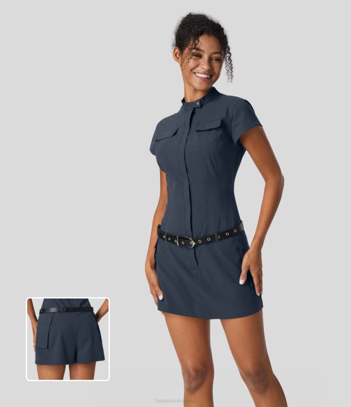 ropa activa tormenta de mar BBV2NZ255 mujer Halara Vestido activo con cuello alto, botón, bolsillo con cremallera, mini cargo, senderismo, sin cinturón