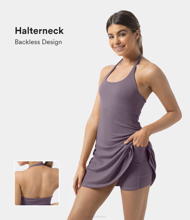 ropa activa tulipán morado BBV2NZ839 mujer Halara Softlyzero minivestido activo de yoga con bolsillo, espalda descubierta y cuello halter de felpa 2 en 1