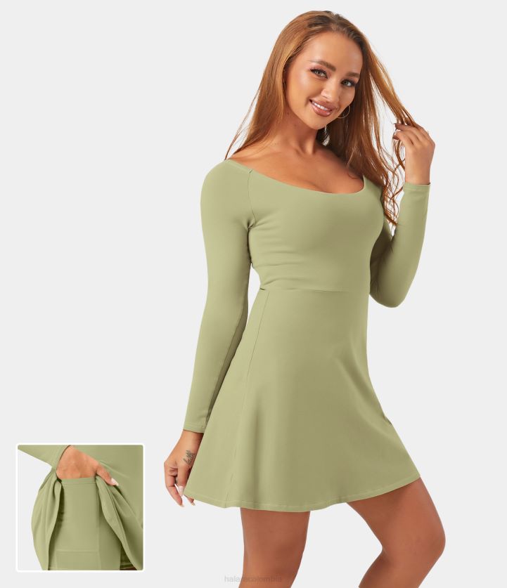 ropa activa verde musgo brumoso BBV2NZ830 mujer Halara vestido activo de mini tenis con bolsillo 2 en 1 de manga larga