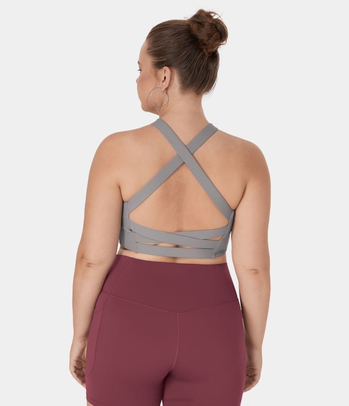 ropa activa gris acero BBV2NZ1707 mujer Halara Camiseta sin mangas de yoga corta de talla grande con cuello cuadrado aireado y entrecruzado de softlyzero