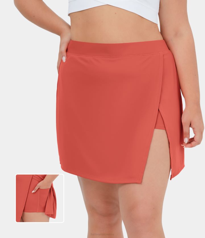 ropa activa rojo imperial BBV2NZ577 mujer Halara softlyzero falda de tenis 2 en 1 con corte lateral aireado y bolsillo lateral de talla grande y tacto fresco - pureza