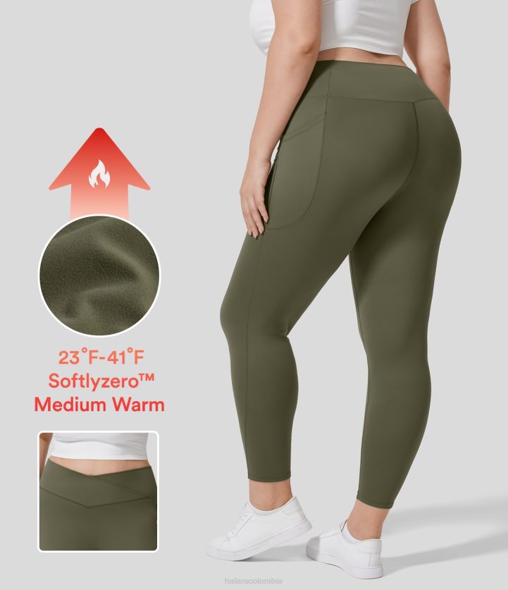 ropa activa hierba gris verde BBV2NZ1484 mujer Halara Leggings de yoga de talla grande 7/8 cruzados con bolsillo lateral cruzado de polar de softlyzero