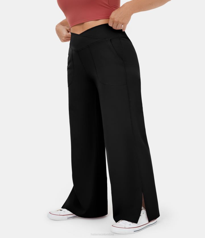 ropa activa negro BBV2NZ2122 mujer Halara Pantalones de yoga de pierna ancha de talla grande con dobladillo dividido y bolsillo cruzado - Smile