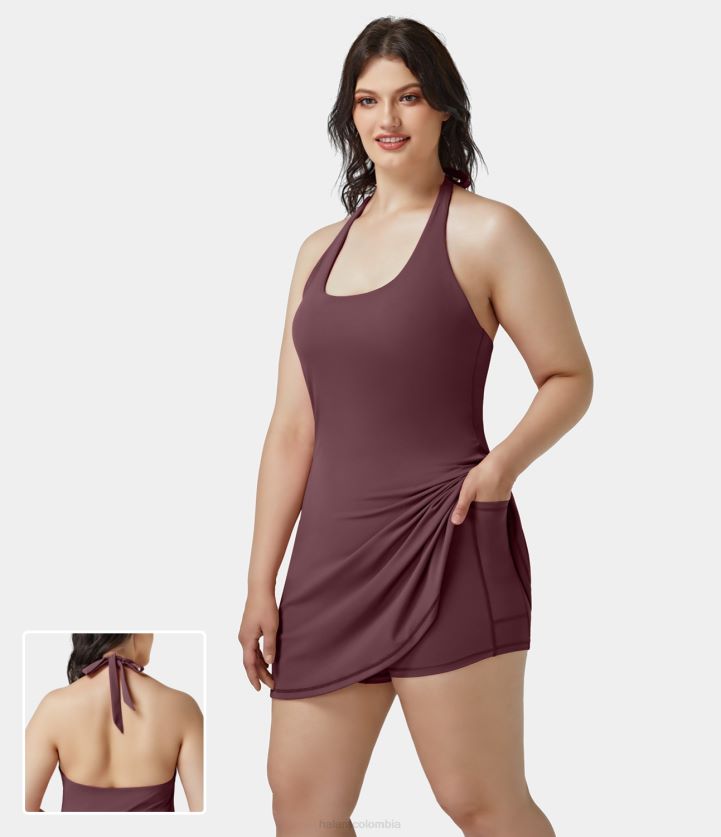 ropa activa caoba roja BBV2NZ2160 mujer Halara vestido de talla grande 2 en 1 con espalda descubierta y cuello halter de felpa de softlyzero