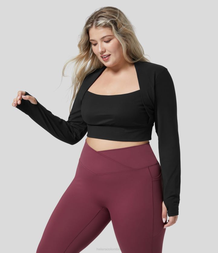 ropa activa negro BBV2NZ1952 mujer Halara Camiseta deportiva de yoga de talla grande recortada con agujero para el pulgar y manga larga de felpa de softlyzero