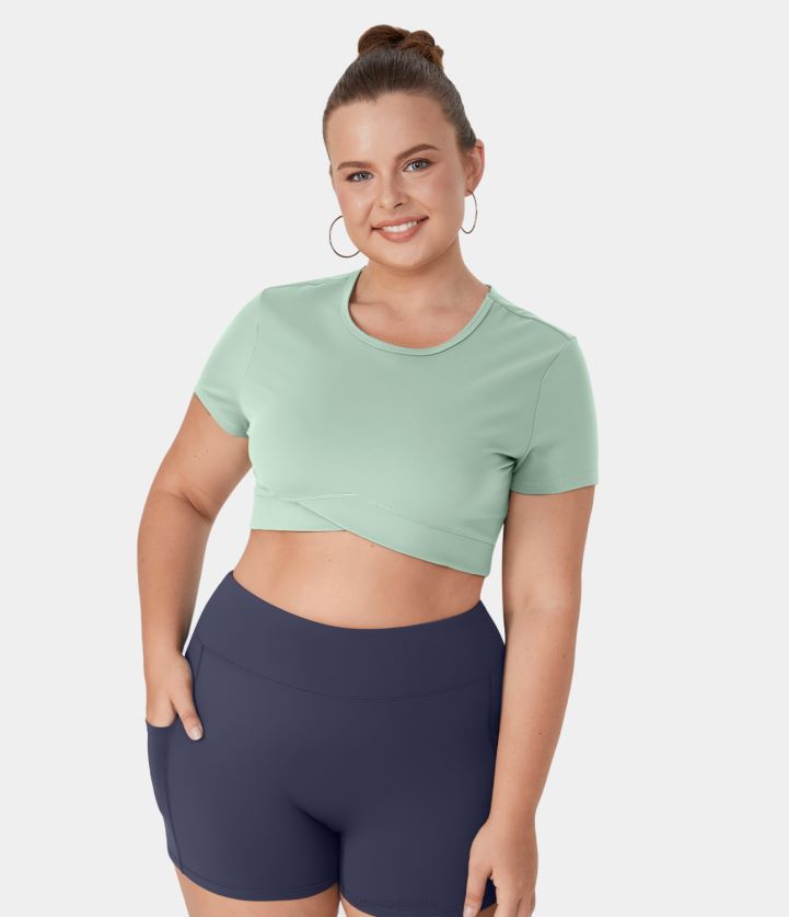 ropa activa verde sutil BBV2NZ1942 mujer Halara Top deportivo de yoga corto de talla grande con dobladillo cruzado de felpa de Softlyzero