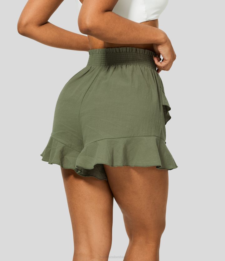 ropa loden verde BBV2NZ1263 mujer Halara pantalones cortos de algodón casuales fluidos con volantes fruncidos y volantes de cintura alta