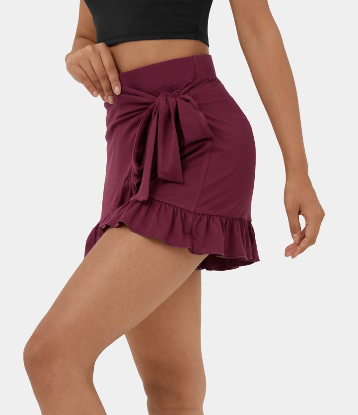 ropa rojo violáceo BBV2NZ1262 mujer Halara pantalones cortos casuales fluidos con dobladillo con volantes laterales y cintura alta de 3.5 "