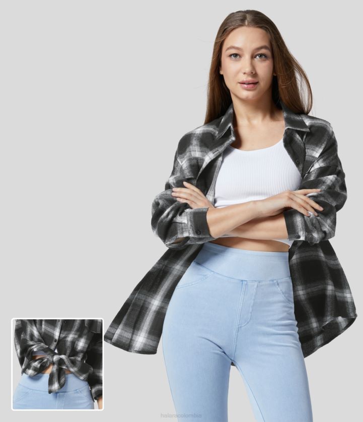 ropa cuadros grises negros BBV2NZ1645 mujer Halara camisa casual a cuadros con dobladillo curvado en la parte delantera con botones y bolsillo con solapa y cuello