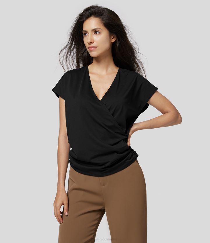 ropa negro BBV2NZ1623 mujer Halara blusa de trabajo sólida fruncida cruzada con cuello en v y manga japonesa ropa negro BBV2NZ1623 mujer Halara blusa de trabajo sólida fruncida cruzada con cuello en v y manga japonesa