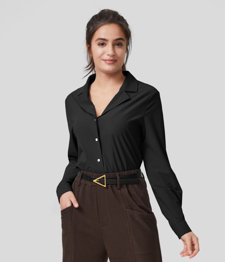 ropa negro BBV2NZ1646 mujer Halara camisa de trabajo de manga larga con botones y cuello con muescas