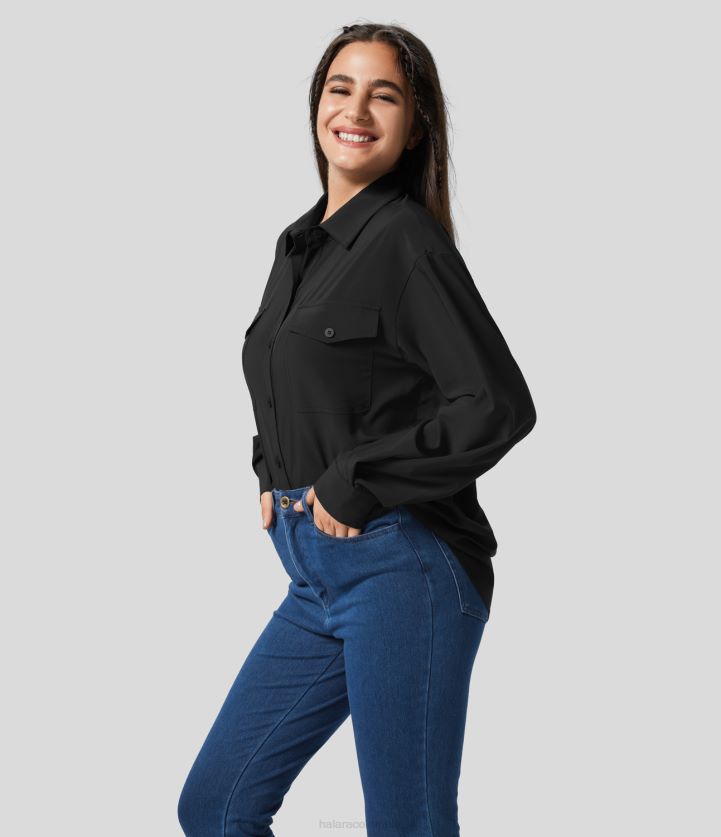 ropa negro BBV2NZ1653 mujer Halara Camisa casual de secado rápido con cuello y bolsillo con solapa, manga larga, botones en la parte delantera, dobladillo curvado