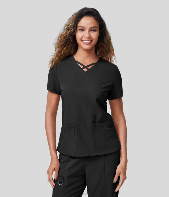 ropa negro BBV2NZ1658 mujer Halara Blusa de trabajo con dobladillo dividido y bolsillos de 2 capas en la parte delantera, manga corta cruzada, cuello en V