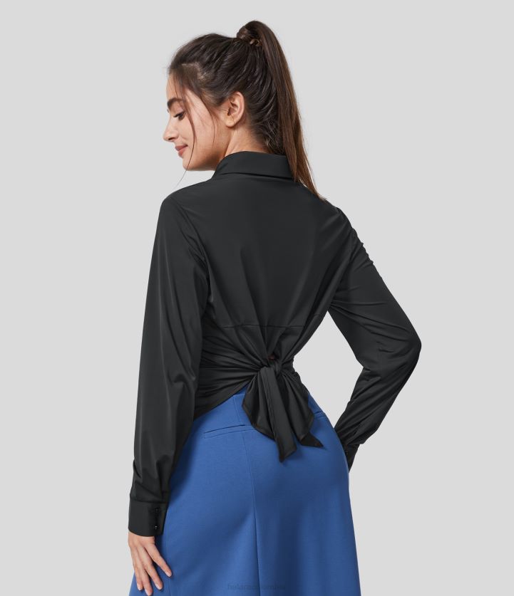 ropa negro BBV2NZ1659 mujer Halara camisa de trabajo de tacto fresco con cuello y botones, manga larga y lazo en la espalda