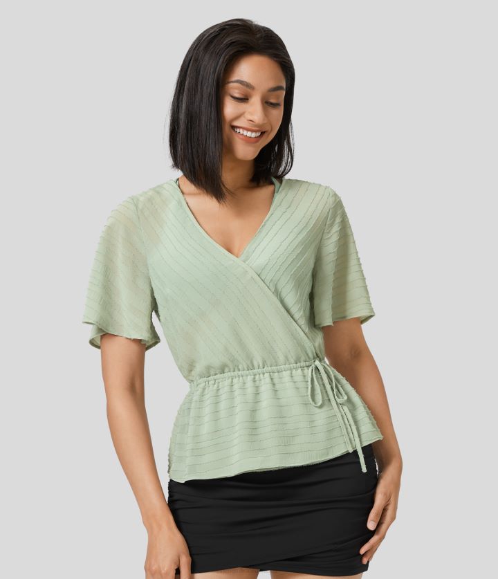 ropa niebla verde BBV2NZ1630 mujer Halara Blusa con peplum de trabajo de jacquard con cordón y cuello cruzado