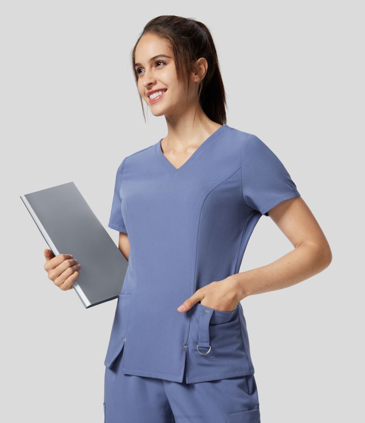 ropa original BBV2NZ1660 mujer Halara Blusa de trabajo con dobladillo dividido y llavero con hebilla y bolsillo lateral con cuello en V