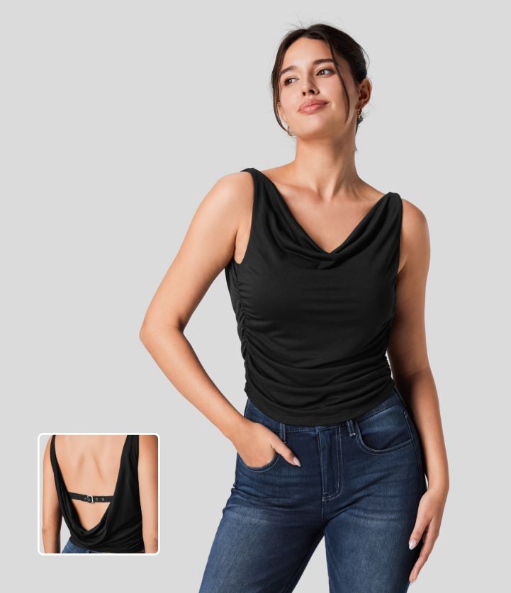 ropa negro BBV2NZ1631 mujer Halara Camiseta sin mangas informal fruncida con hebilla ajustable, espalda descubierta y cuello vuelto