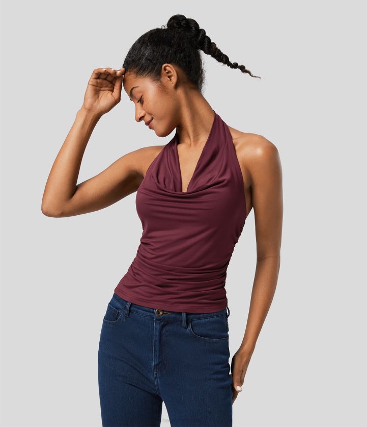 ropa nuevo granate BBV2NZ1624 mujer Halara Camiseta sin mangas casual fruncida sin espalda con cuello vuelto halter