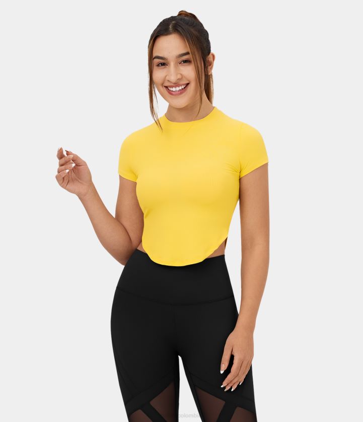 ropa álamo temblón de oro BBV2NZ1634 mujer Halara Camiseta informal recortada con dobladillo asimétrico y manga corta de punto acanalado
