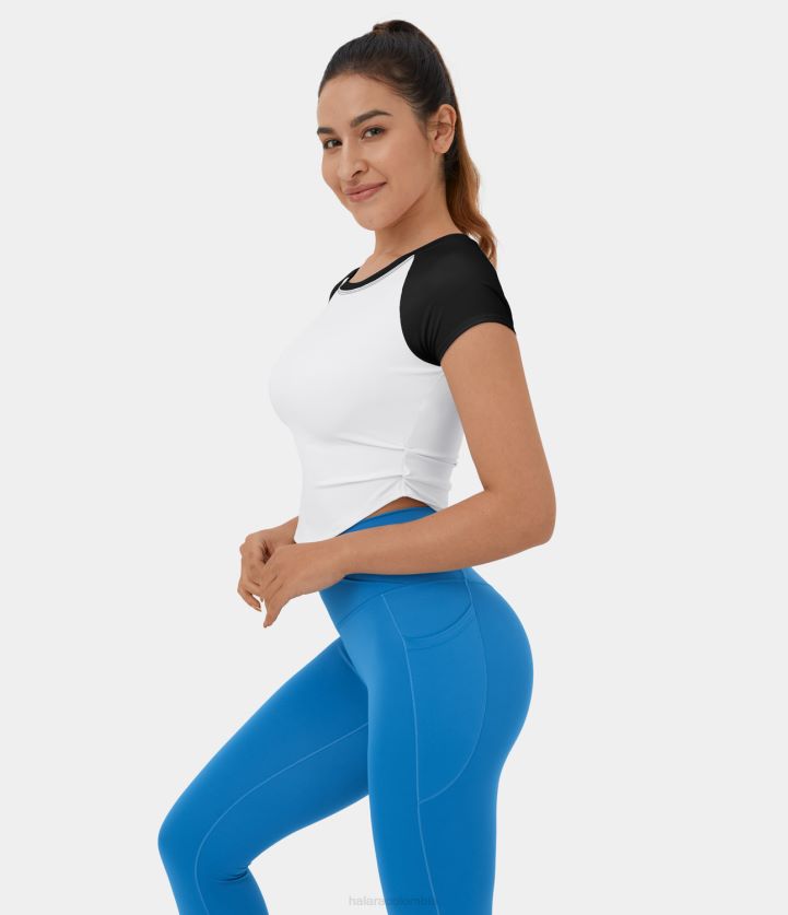 ropa negro BBV2NZ1662 mujer Halara Softlyzero camiseta informal recortada de tacto fresco con dobladillo curvo fruncido y bloques de color ventilados