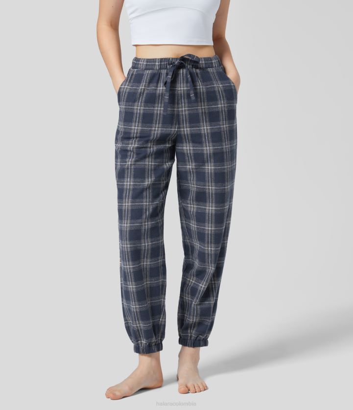 ropa cuadrado azul tinta BBV2NZ33 mujer Halara Joggers informales de algodón a cuadros con múltiples bolsillos y cordón de talle medio