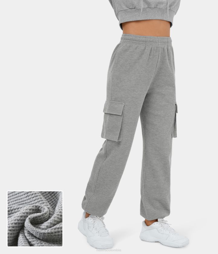 ropa gris niebla BBV2NZ63 mujer Halara Joggers cargo informales de algodón con diseño tipo waffle y múltiples bolsillos con cordón interior y cintura alta