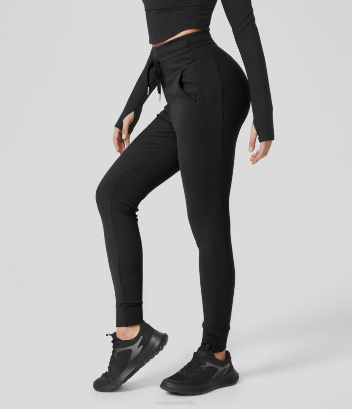 ropa negro BBV2NZ57 mujer Halara joggers informales lisos de talle alto con cordón ajustable y bolsillo lateral de canalé de softlyzero