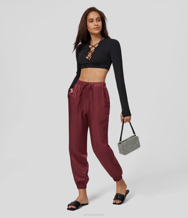 ropa rojizo quemado BBV2NZ84 mujer Halara joggers de fiesta de satén con bolsillo lateral con cordón y talle alto