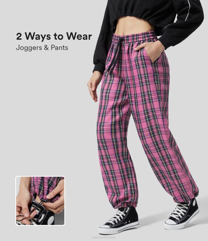 ropa tartán rosa BBV2NZ100 mujer Halara Joggers informales a cuadros con cordón ajustable y múltiples bolsillos con cordón de talle medio