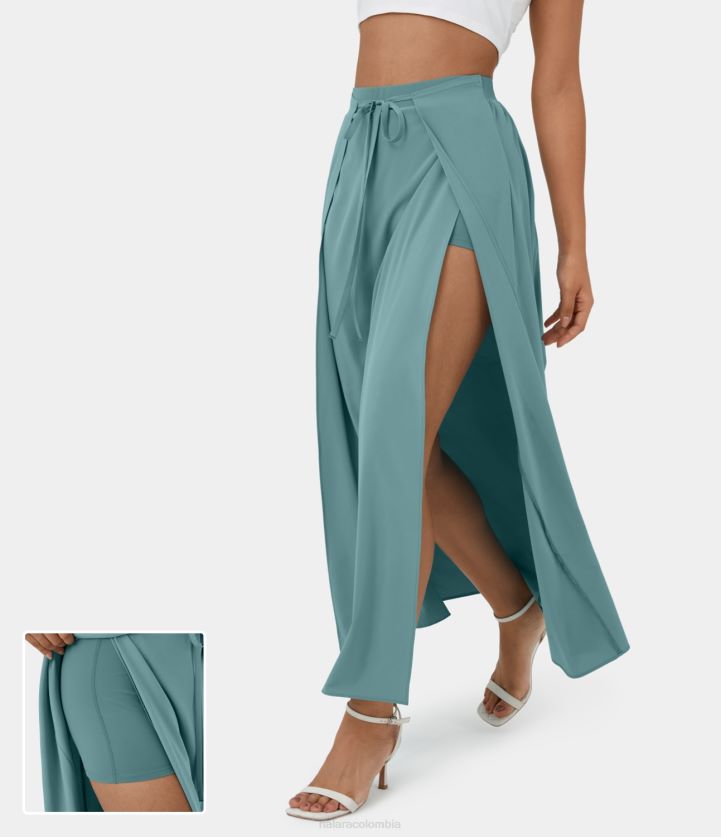 ropa azul mineral BBV2NZ700 mujer Halara falda casual maxi de secado rápido 2 en 1 fluida con abertura plisada y lazo en la parte delantera de cintura alta brisa