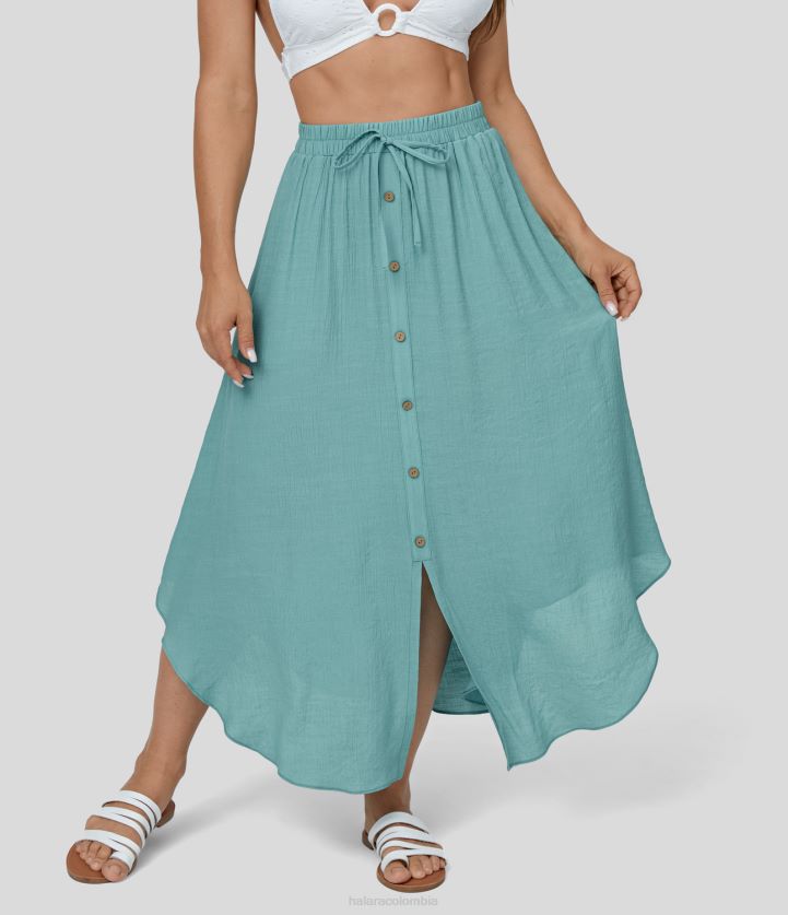 ropa azul nilo BBV2NZ702 mujer Halara falda casual midi fluida con bolsillo lateral con botón y cordón de talle alto