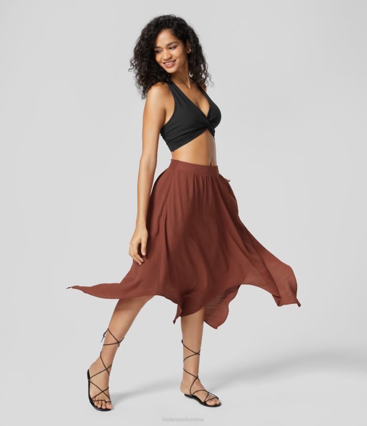 ropa copa de brandy BBV2NZ740 mujer Halara falda casual acampanada midi fluida con cintura elástica de talle medio y bolsillo lateral con dobladillo tipo pañuelo